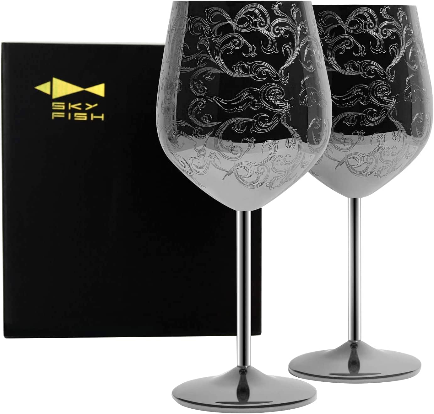 Sky Fish Stainless Steel Wine Goblets with Baroque Engravings