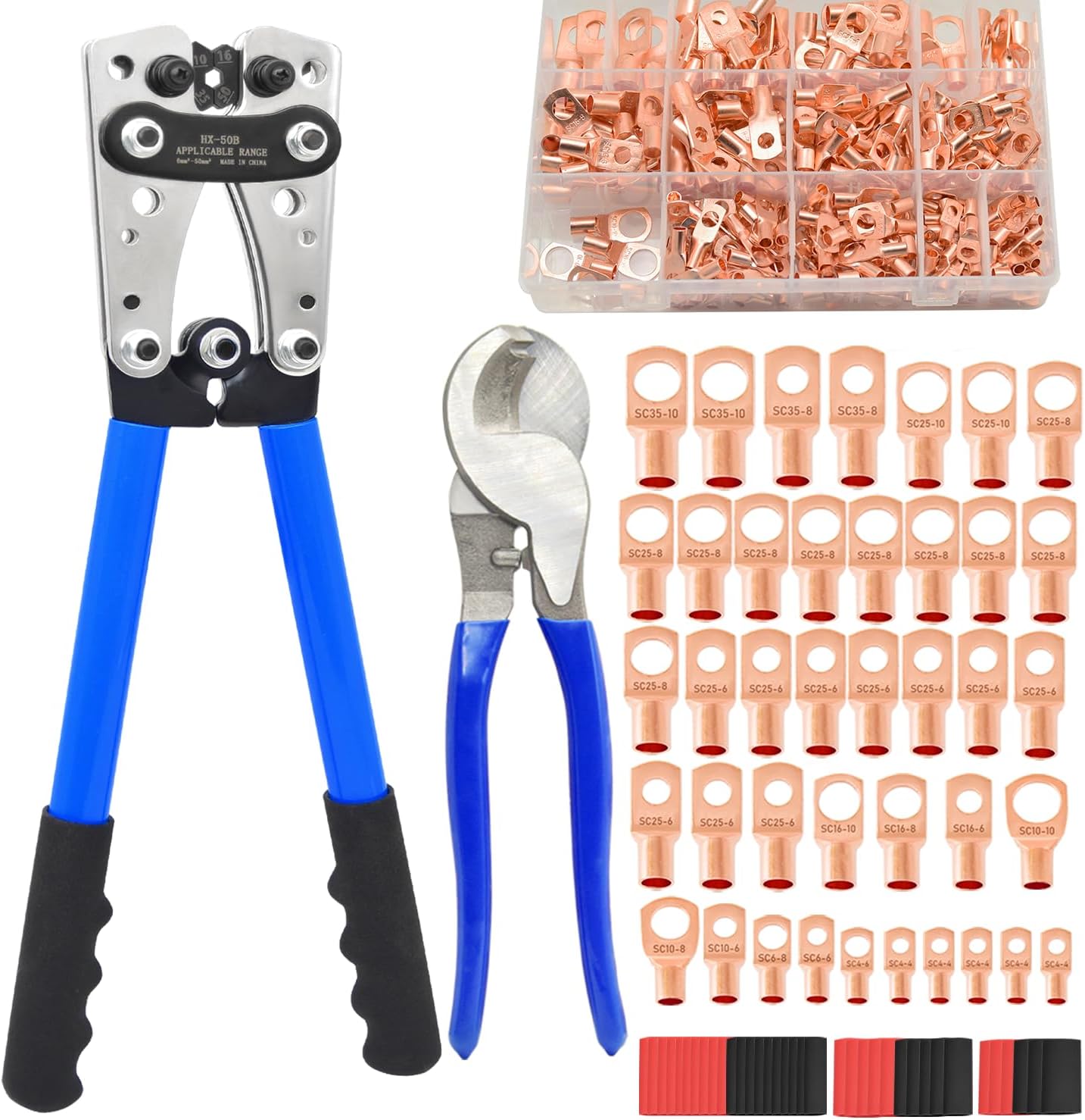 Cable Lug Crimping Tool Kit with 200Pcs Copper Wire Lugs