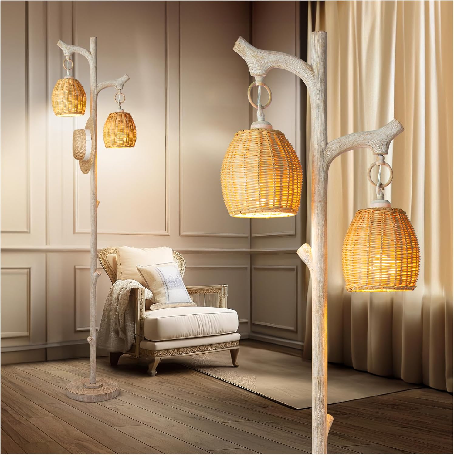 68 High Rustic Farmhouse Floor Lamp with Wicker Drum Shade