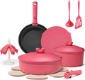CAROTE 17pcs Nonstick Pots and Pans Set - Space-Saving Pink