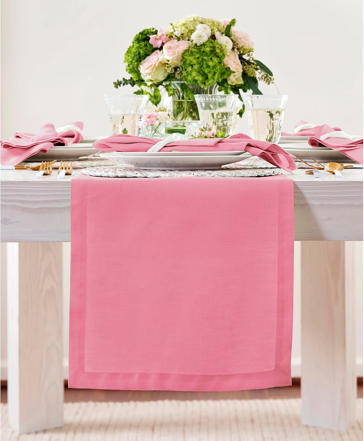 Pure Linen Pink Carnation Table Runner for Halloween Decor