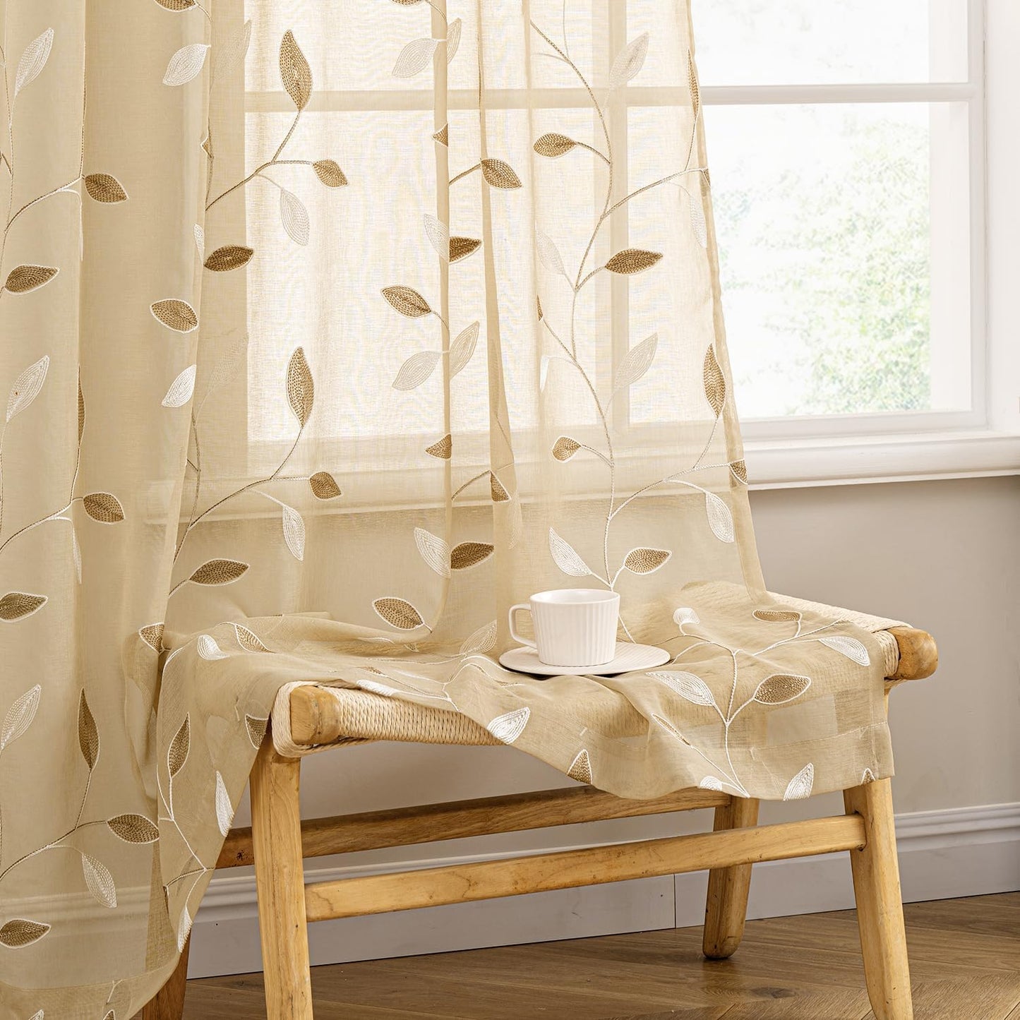 MIULEE Khaki Sheer Curtains with Embroidered Leaf Design