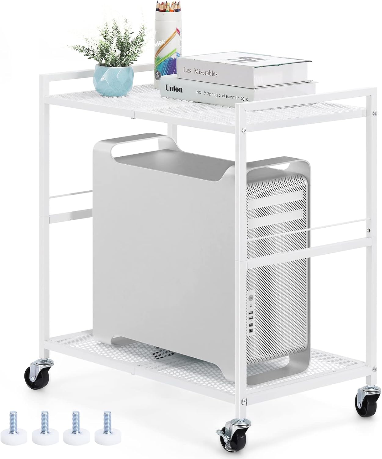 YBING White 2 Tier CPU Holder Stand - Mobile & Stylish PC Cart