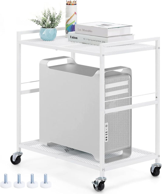 YBING White 2 Tier CPU Holder Stand - Mobile & Stylish PC Cart