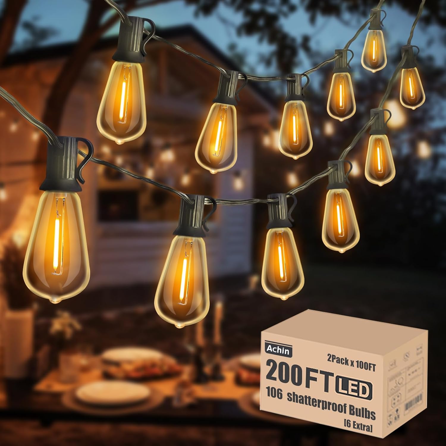 Achin Outdoor String Lights 200FT Vintage Edison Dimmable Warm