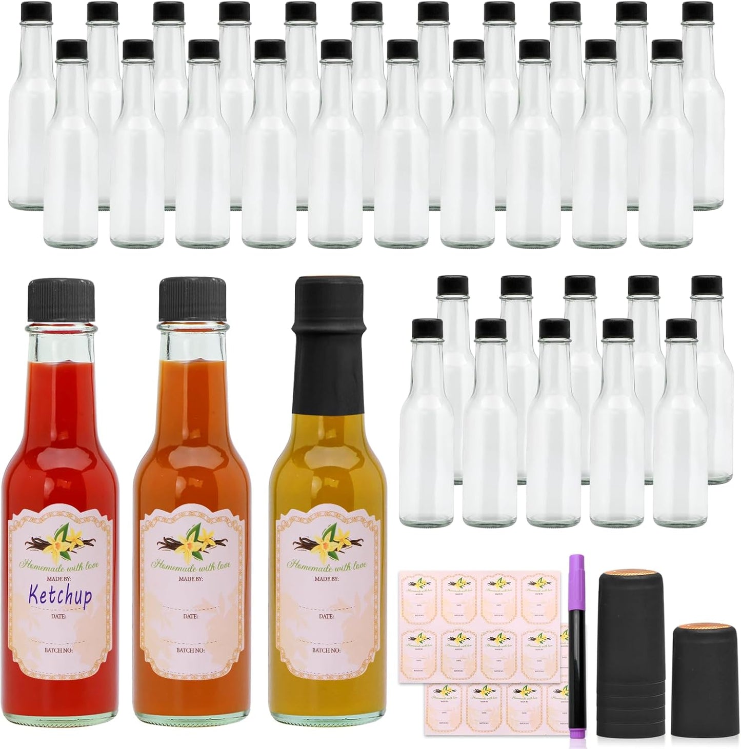 Brajttt 35pcs 5oz Glass Hot Sauce Bottles for Sauces & Oils