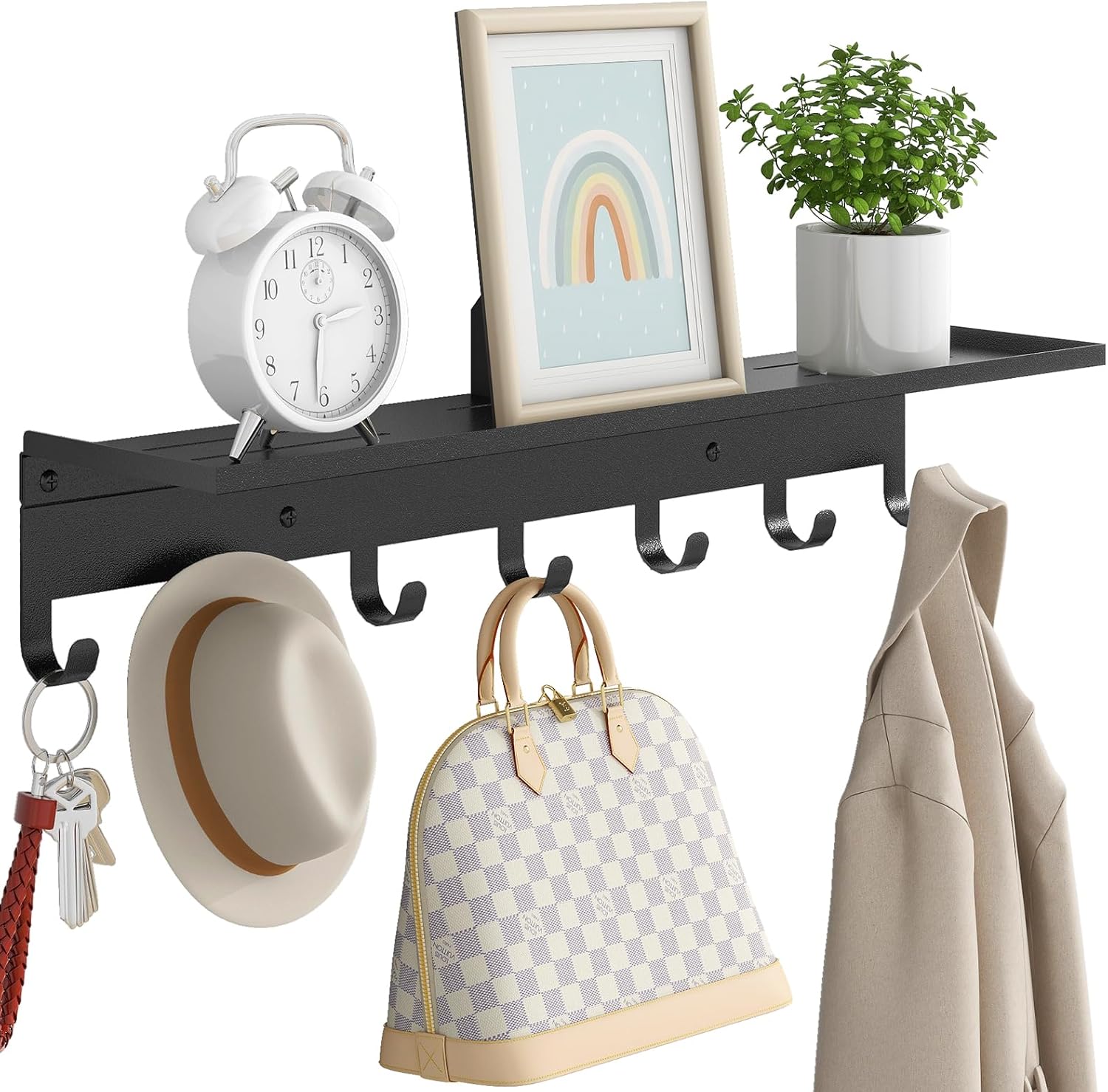 Wall Shelf with 7 Hooks for Stylish Entryway Organization