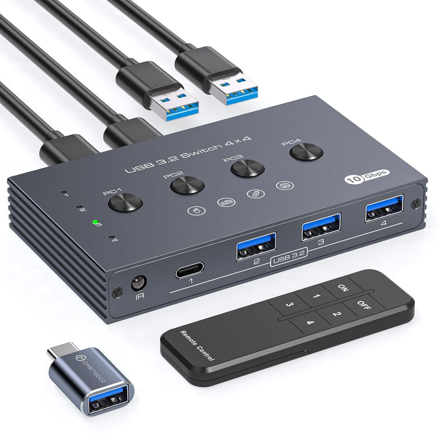 USB 3.2 Switch Selector for 4 Computers with Remote Control