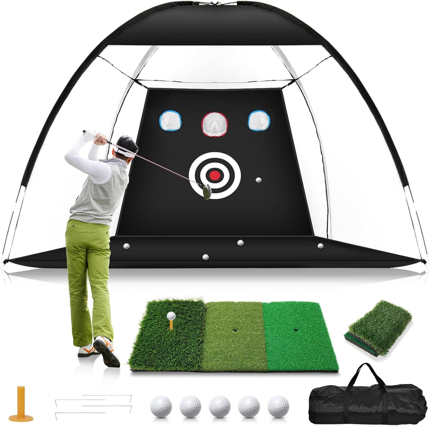 10x7FT Golf Net with Tri-Turf Mat for Home Training Set