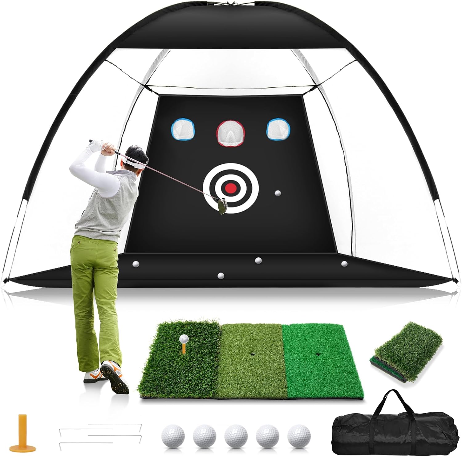 10x7FT Golf Net with Tri-Turf Mat for Home Training Set