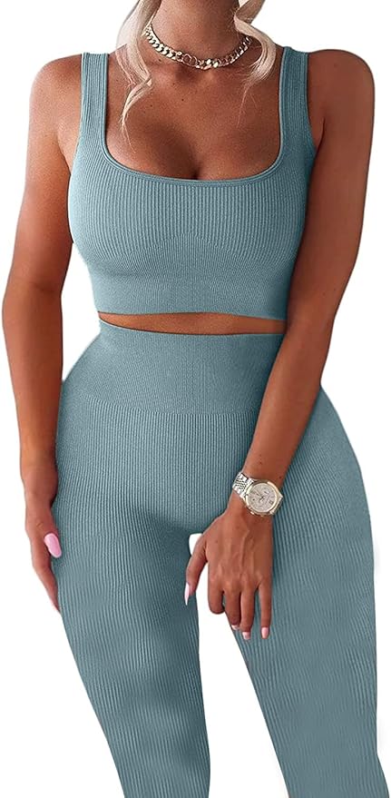 TWFRHC Women's Workout Sets Ribbed Tank High Waist Gym Outfit