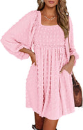 Womens Square Neck Smocked Floral Swiss Dot Mini Dress (Style C6WX)