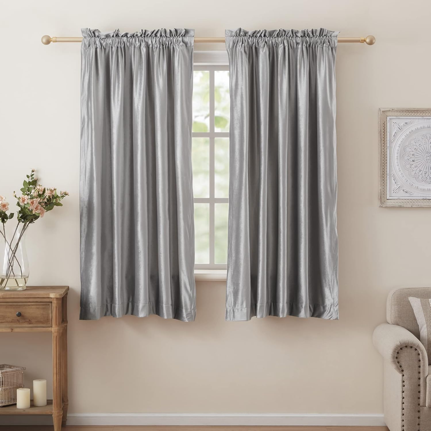PRIMROSE Silver Velvet Blackout Curtains 63 inch for Home