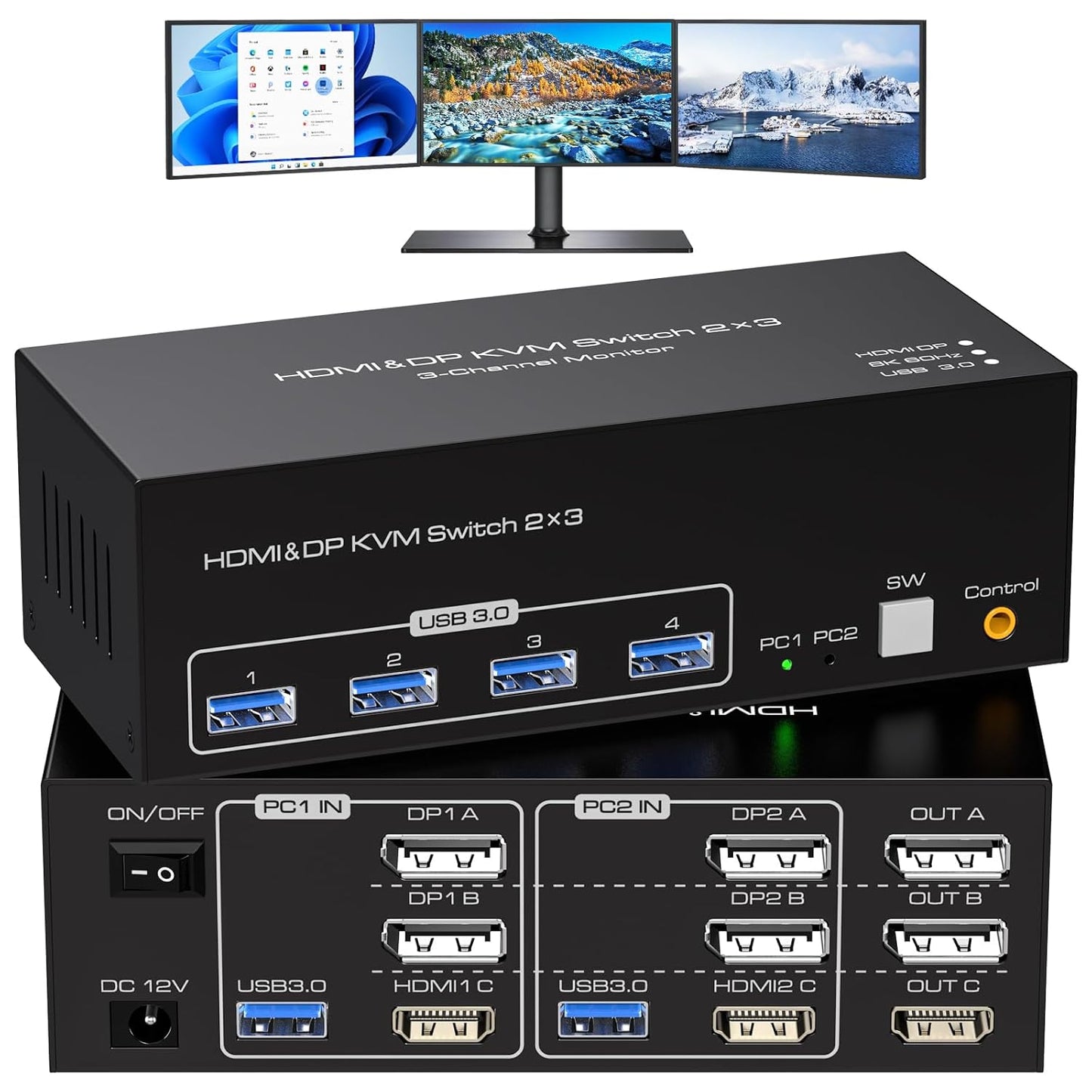8K HDMI KVM Switch for 3 Monitors and 2 Computers - ATLAHET