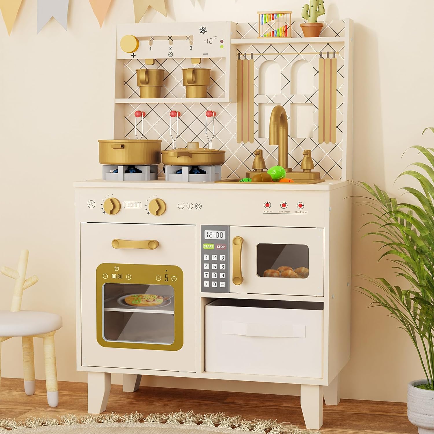 BIERUM Play Kitchen with Realistic Lights & Sounds for Toddlers