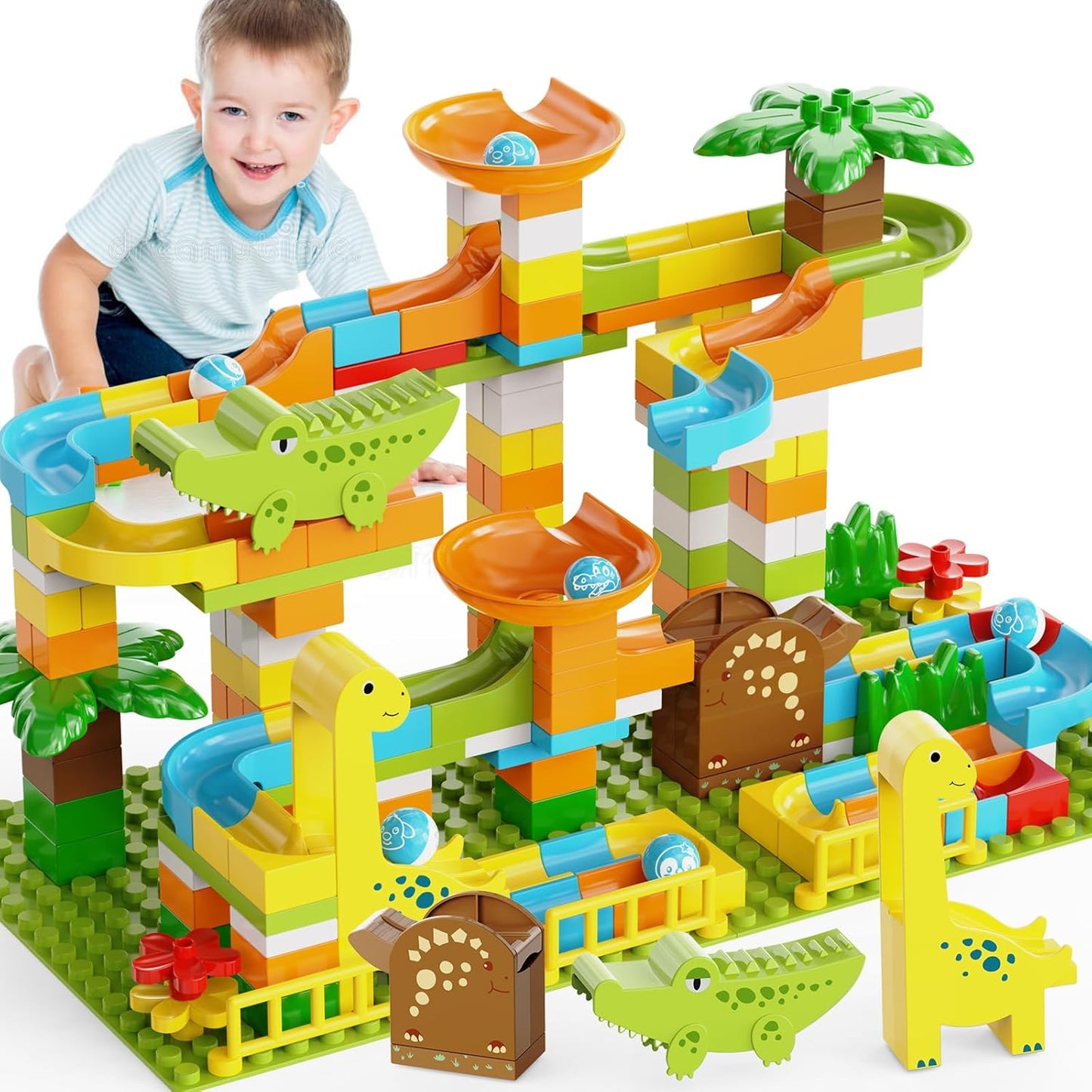 Dinosaur Marble Runs Building Blocks Set for Kids 3-8 Years