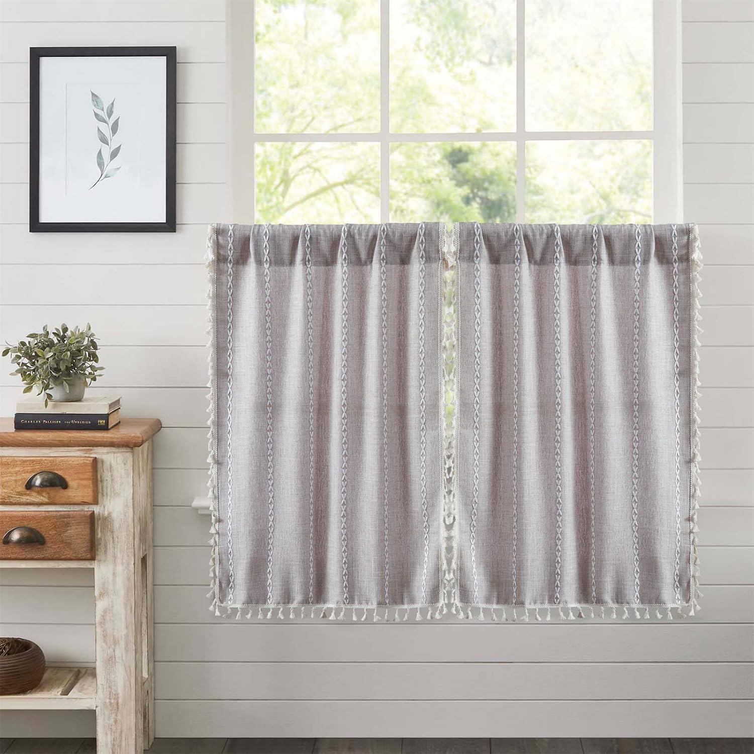 Tan Rustic Farmhouse Linen Kitchen Curtains for Vintage Chic Decor