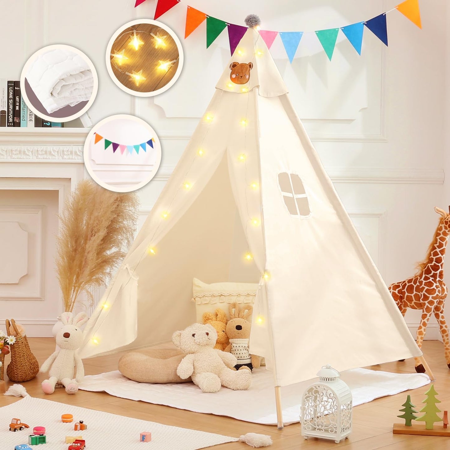 Kids Teepee Tent with Star Lights & Flags 