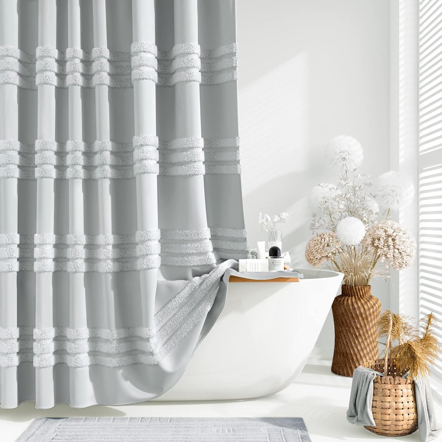 Extra Long Grey Shower Curtain with Tufted Chenille Stripes