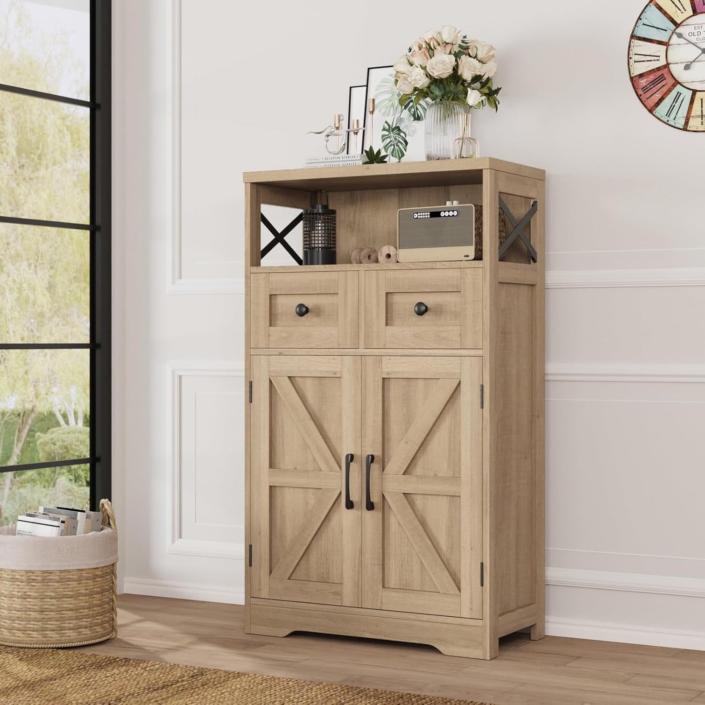 Natural Style Storage Cabinet with Drawers and Shelves for Home