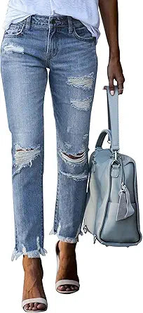 Dokotoo Women's Patchwork Destroyed Raw Hem Boyfriend Jeans Review