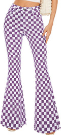 Purple Checkered Bell Bottom Jeans for Women High Waist - Flattering