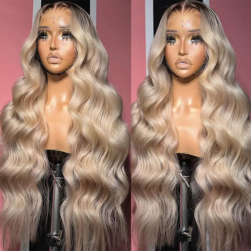 Ombre Brown Roots Ash Blonde Wigs Human Hair 30 Inch Body Wave