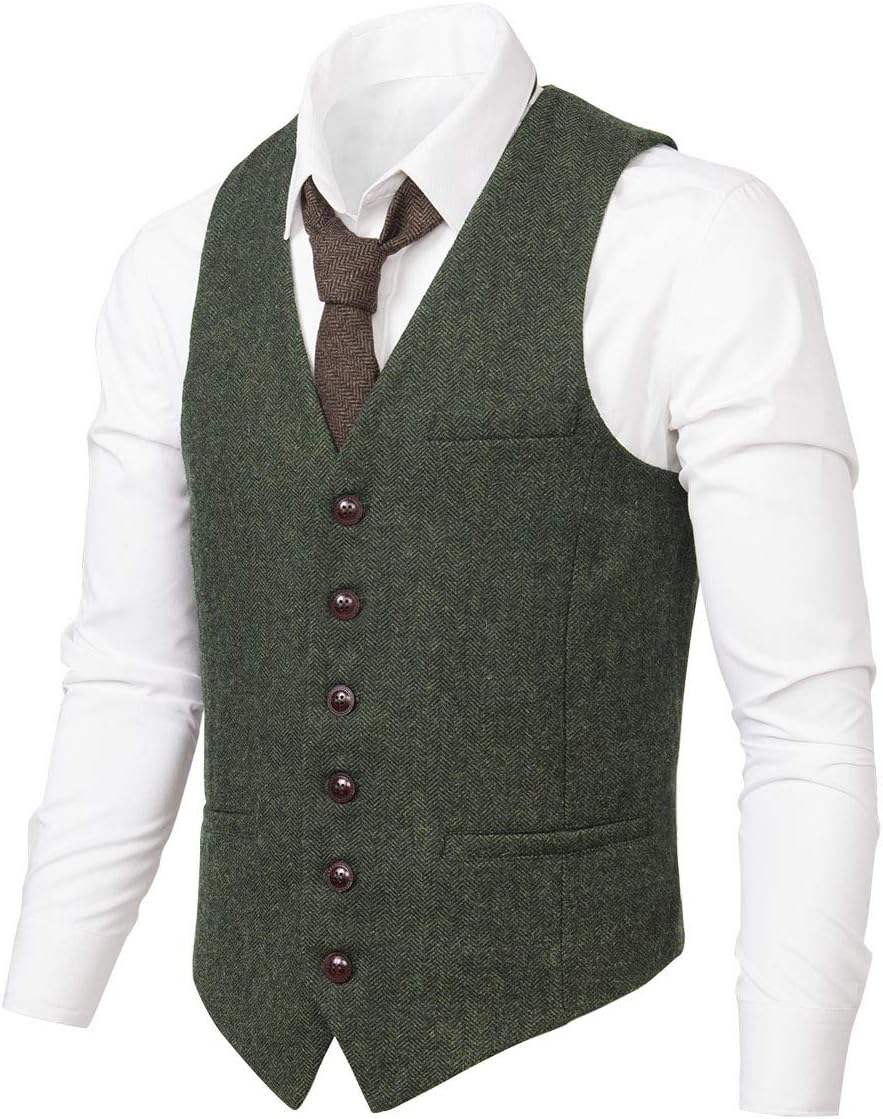 VOBOOM Men's Slim Fit Herringbone Tweed Suit Vest for Style