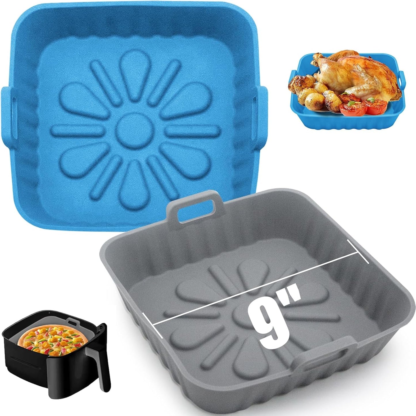 Non-Stick Silicone Air Fryer Liners - 2pk Large Square, 9 inch - Blue/Grey