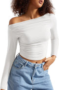 SUUKSESS Women Off Shoulder Long Sleeve Fitted Crop Top - Soft, Double