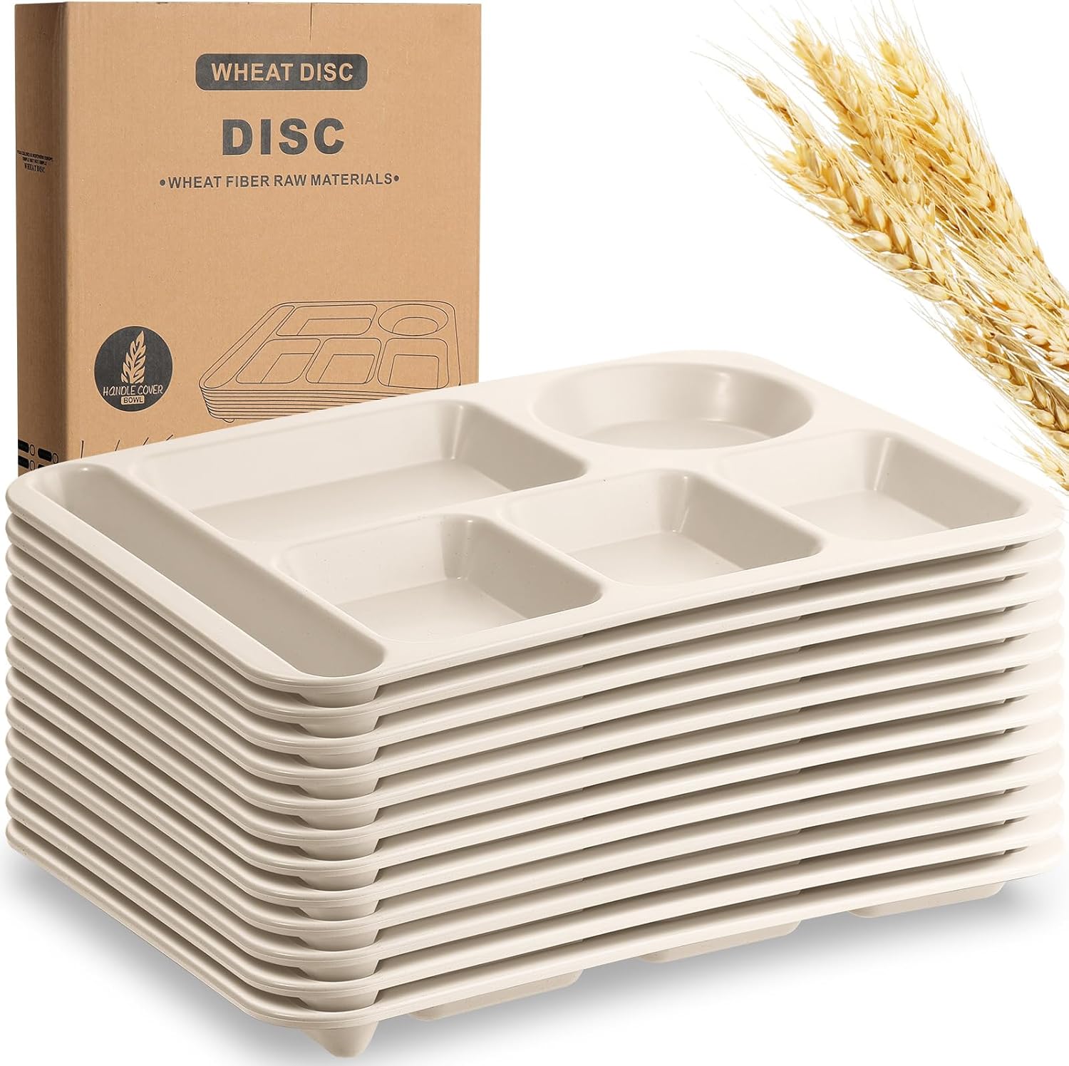 Large Divided Plates 14ft' Unbreakable Wheat Straw Trays Beige