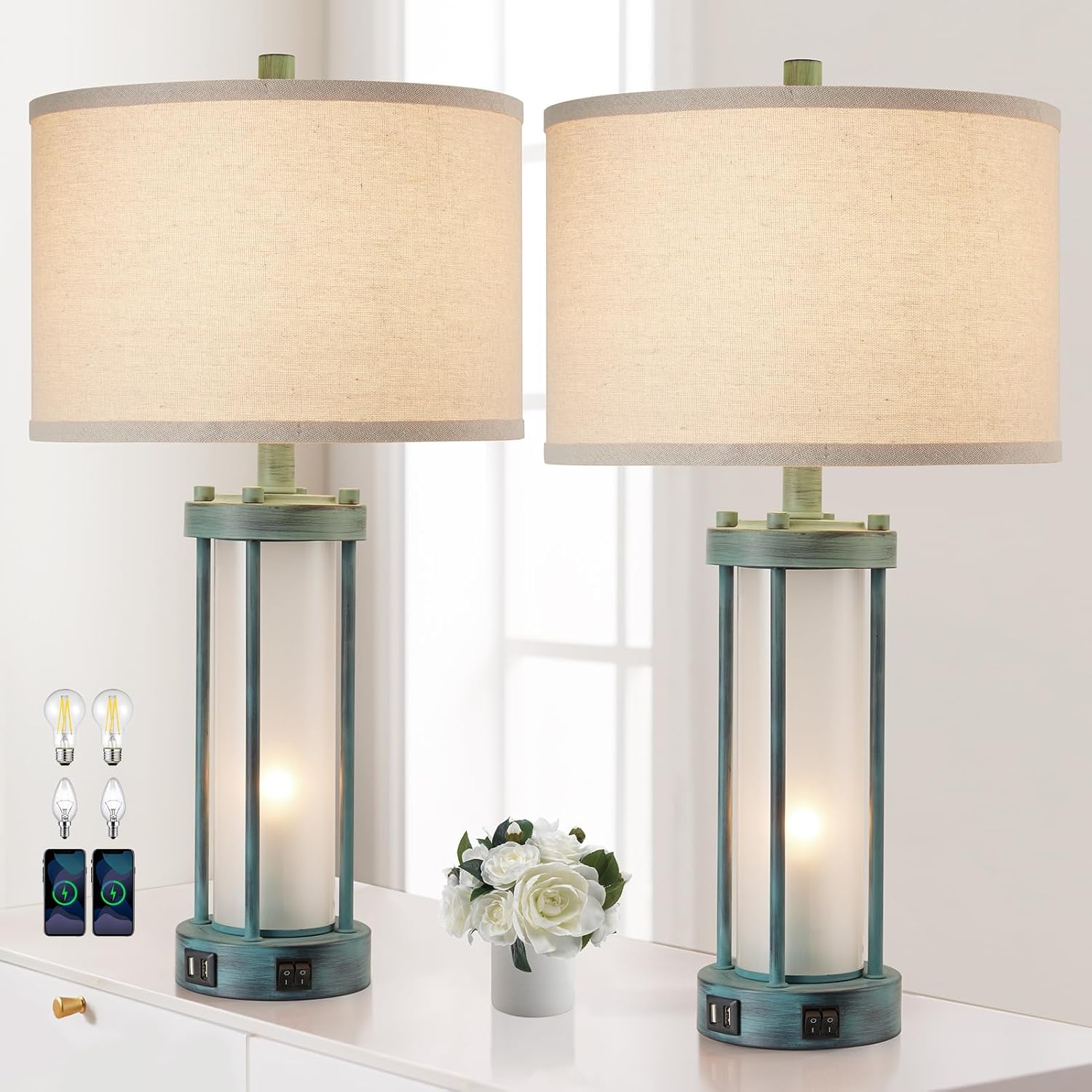 Rustic Table Lamps Set of 2 with USB Ports for Vintage Style