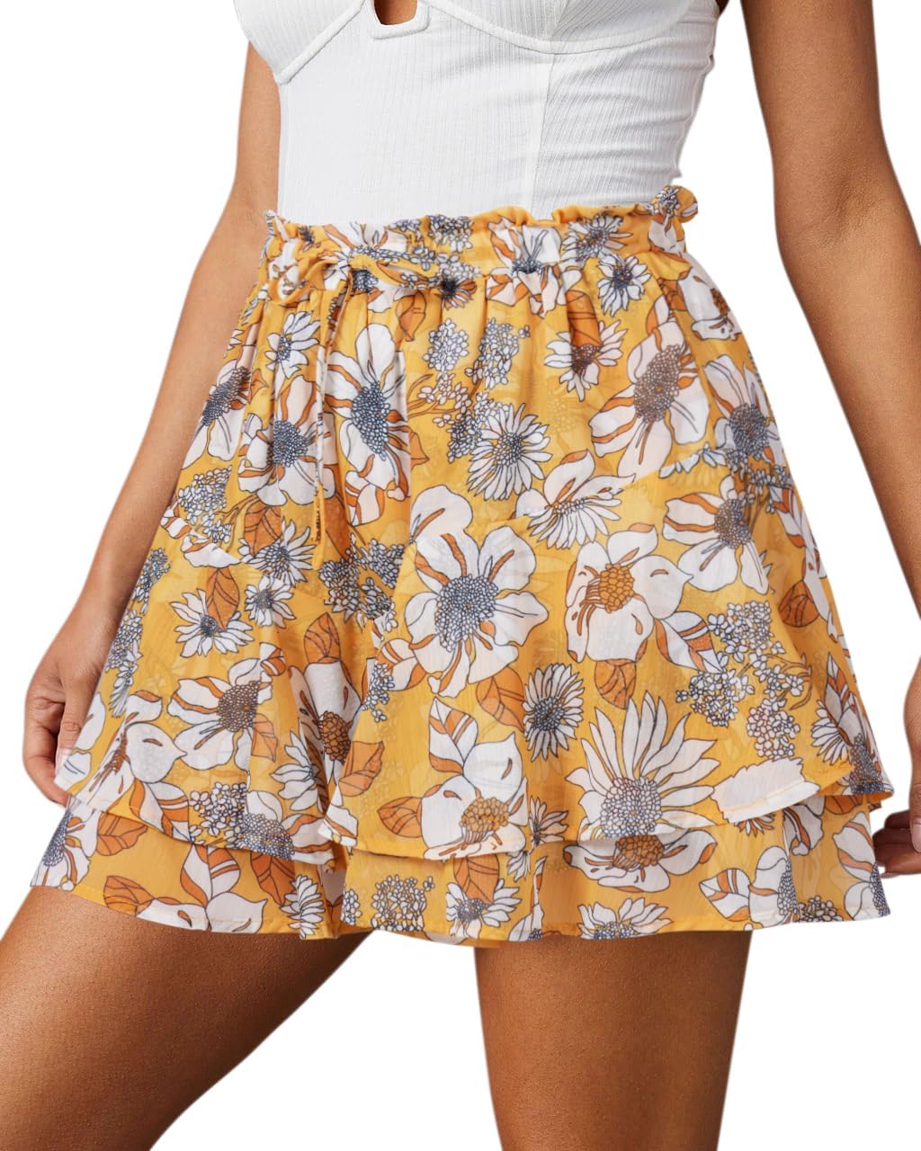 Flowy Shorts for Women Casual Boho Floral Skorts Ruffle Mini