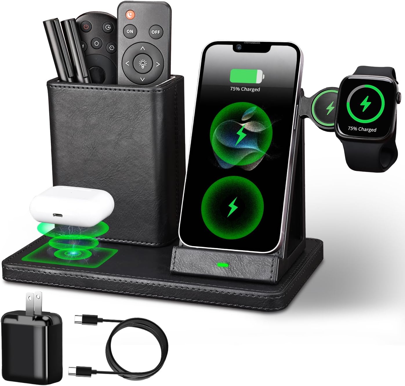 Black Leather Desk Organizer: Charger & Holder