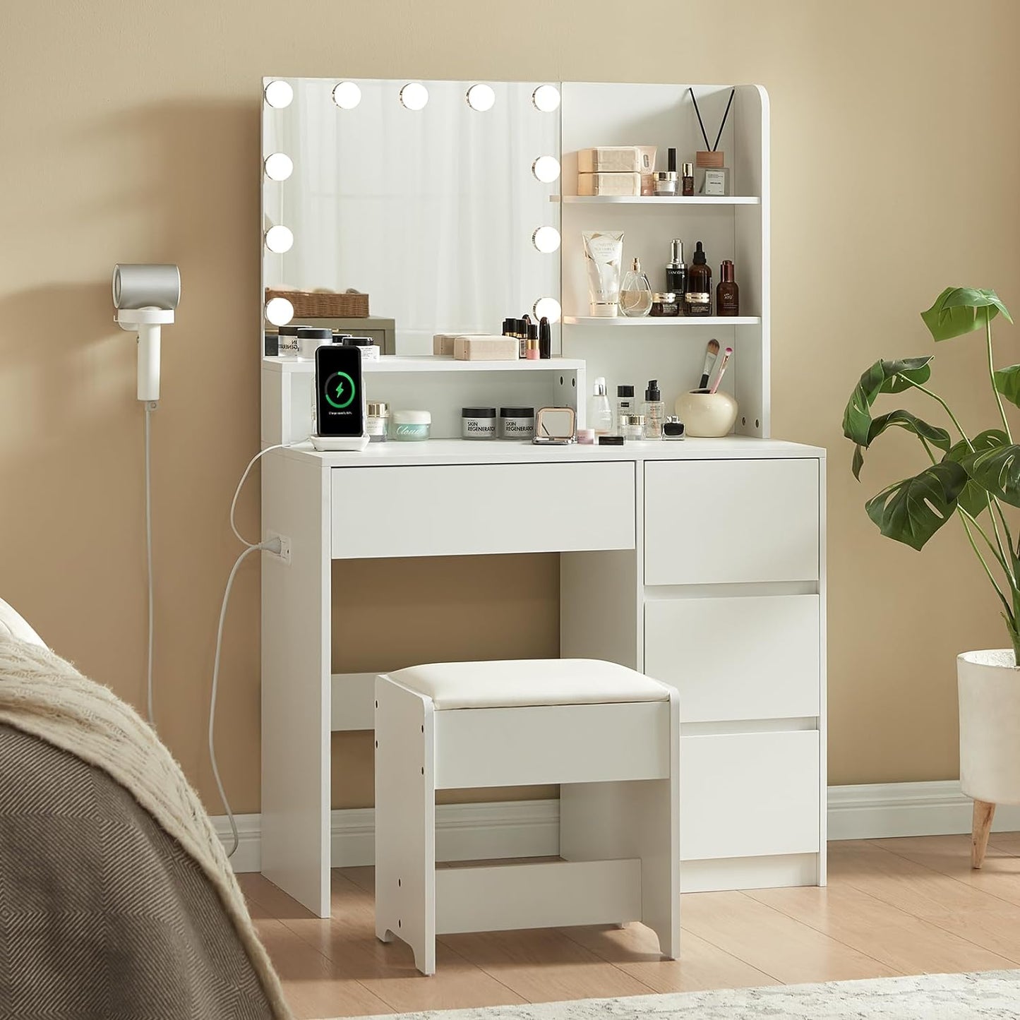 Compact Vanity Desk with Lights - 4 Drawers, Power Outlet, USB Ports