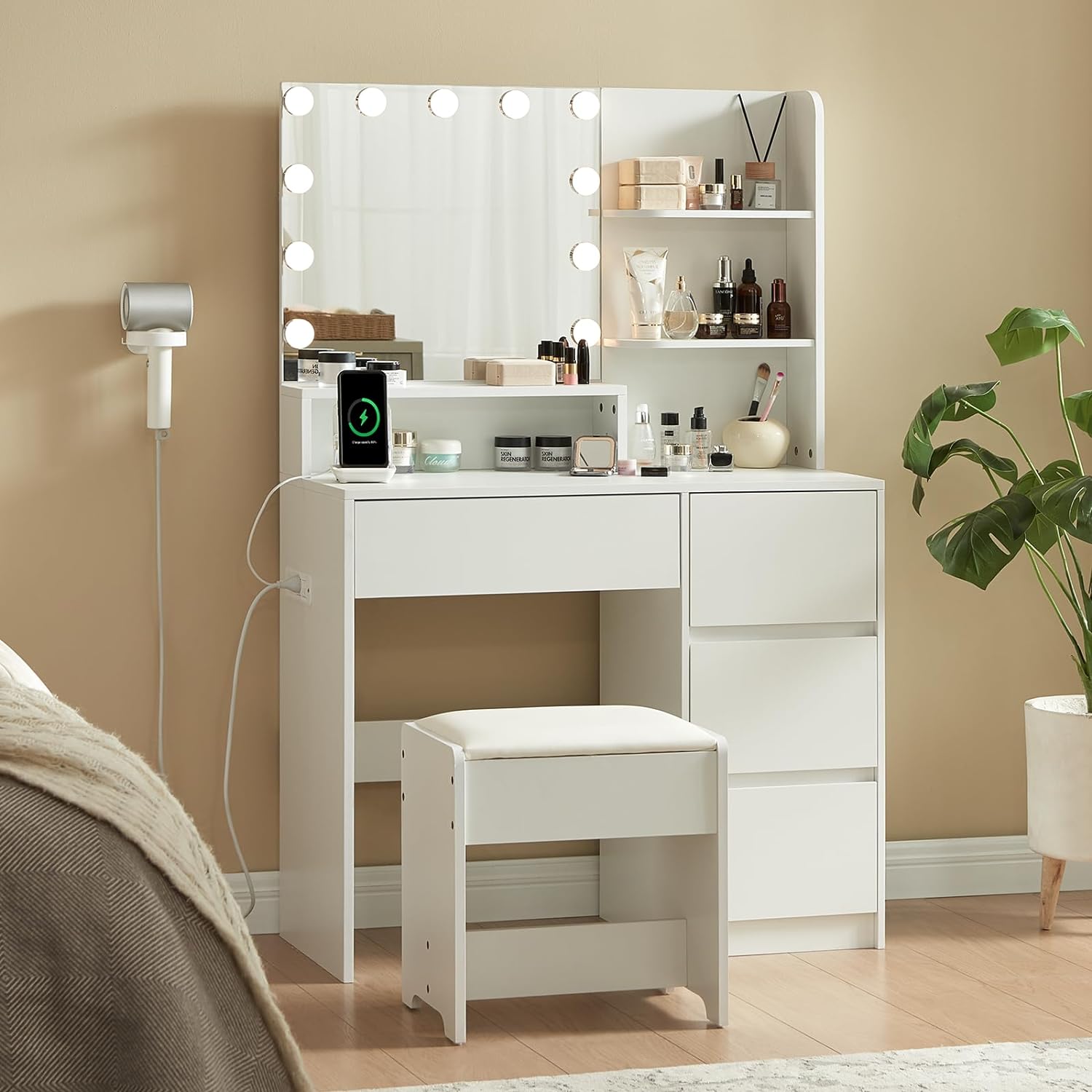 Compact Vanity Desk with Lights - 4 Drawers, Power Outlet, USB Ports