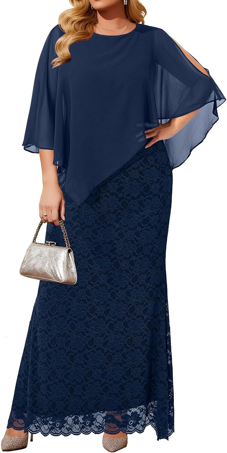 Women's Plus Size Cape Dress with Chiffon Overlay for Elegance