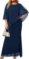 Women's Plus Size Lace Cape Dress with Chiffon Overlay - Mermaid Gown