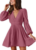 FAIABLE Mini Deep V Sexy Long Sleeve Dress - Flowy A-line Mini Dress