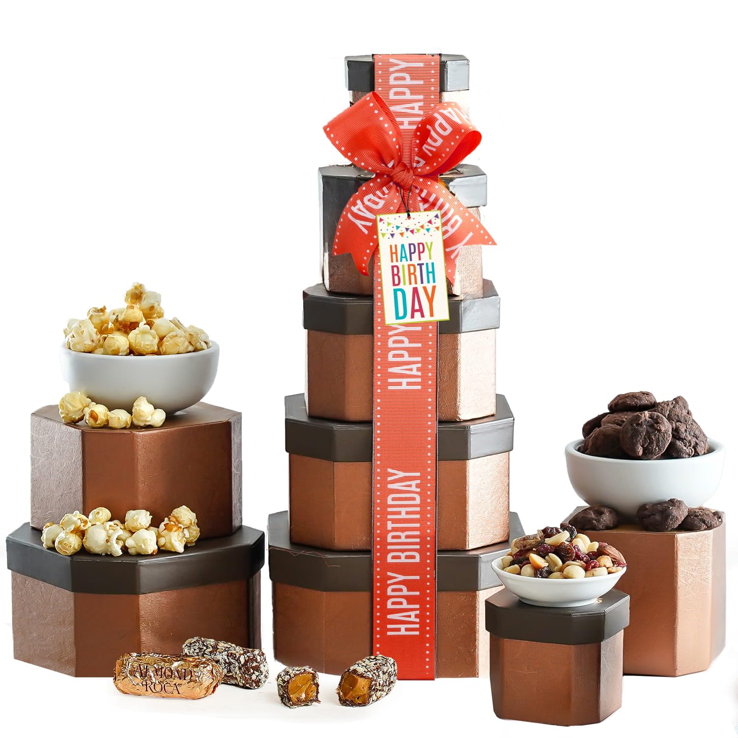 Gourmet Birthday Gift Basket Tower with Delicious Treats Inside