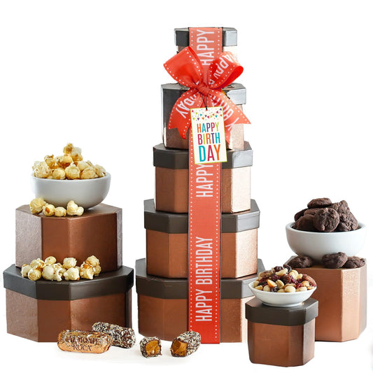 Gourmet Birthday Gift Basket Tower with Delicious Treats Inside