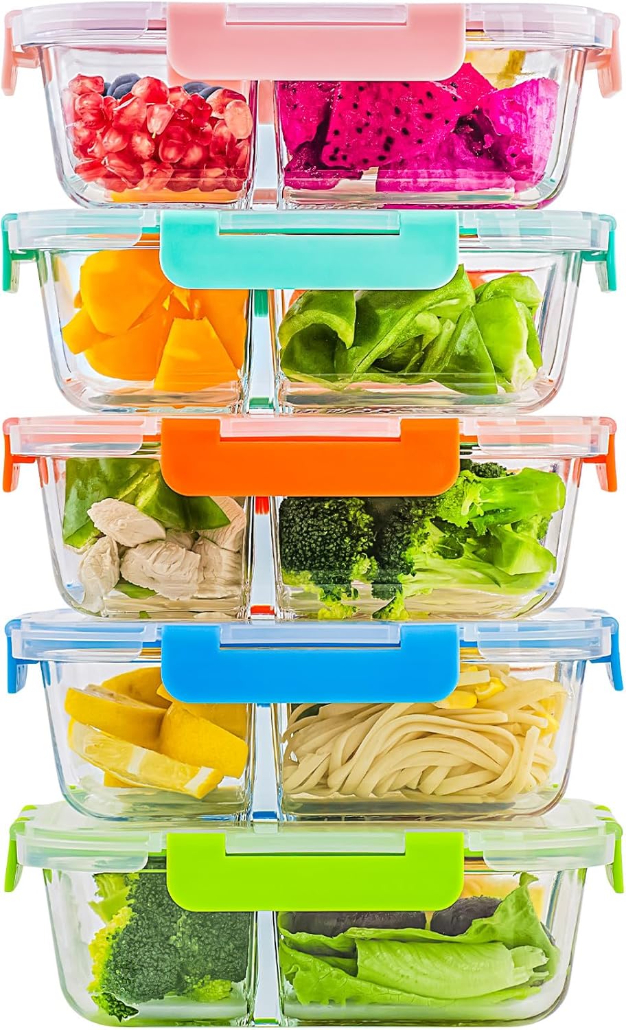 C CREST 5-Pack Glass Meal Prep Containers with Dividers for Lunch