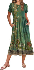 Women Summer Midi A Line Dress Short Sleeve Casual Flowy Tiered