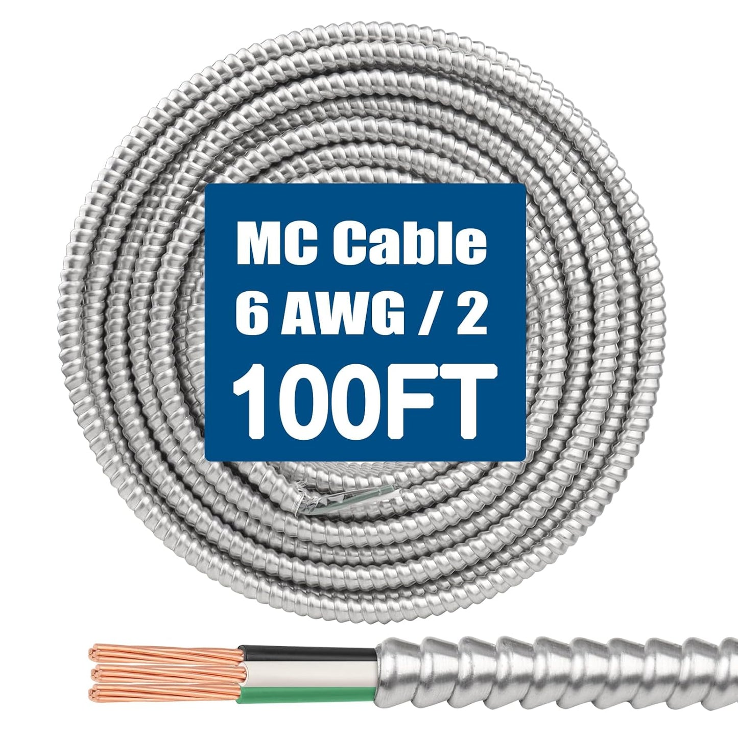 6/2 MC Cable with Ground - 100FT Pure Copper 6AWG/2 Wire