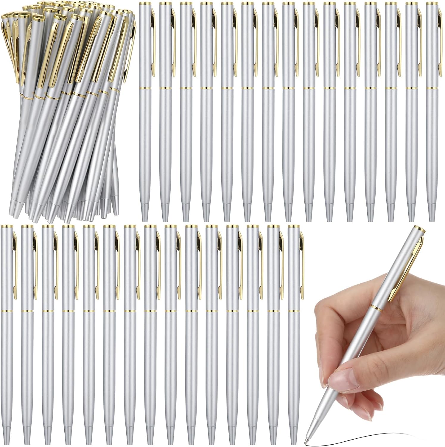 Lincia 100 Pieces Silver Slim Metal Ballpoint Pen for Smooth Writing