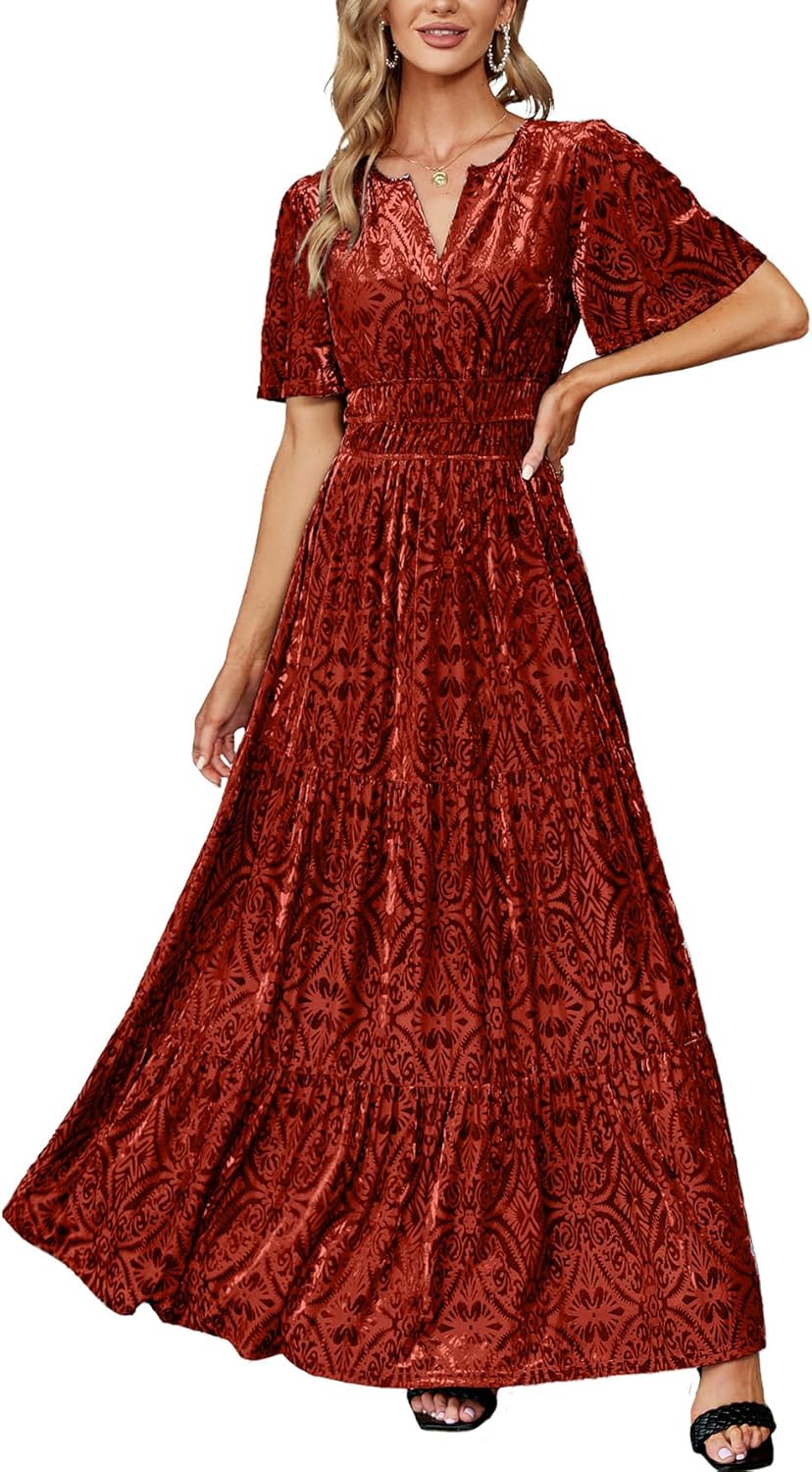 Elegant Amegoya Women's Velvet V Neck Maxi Dress for Events