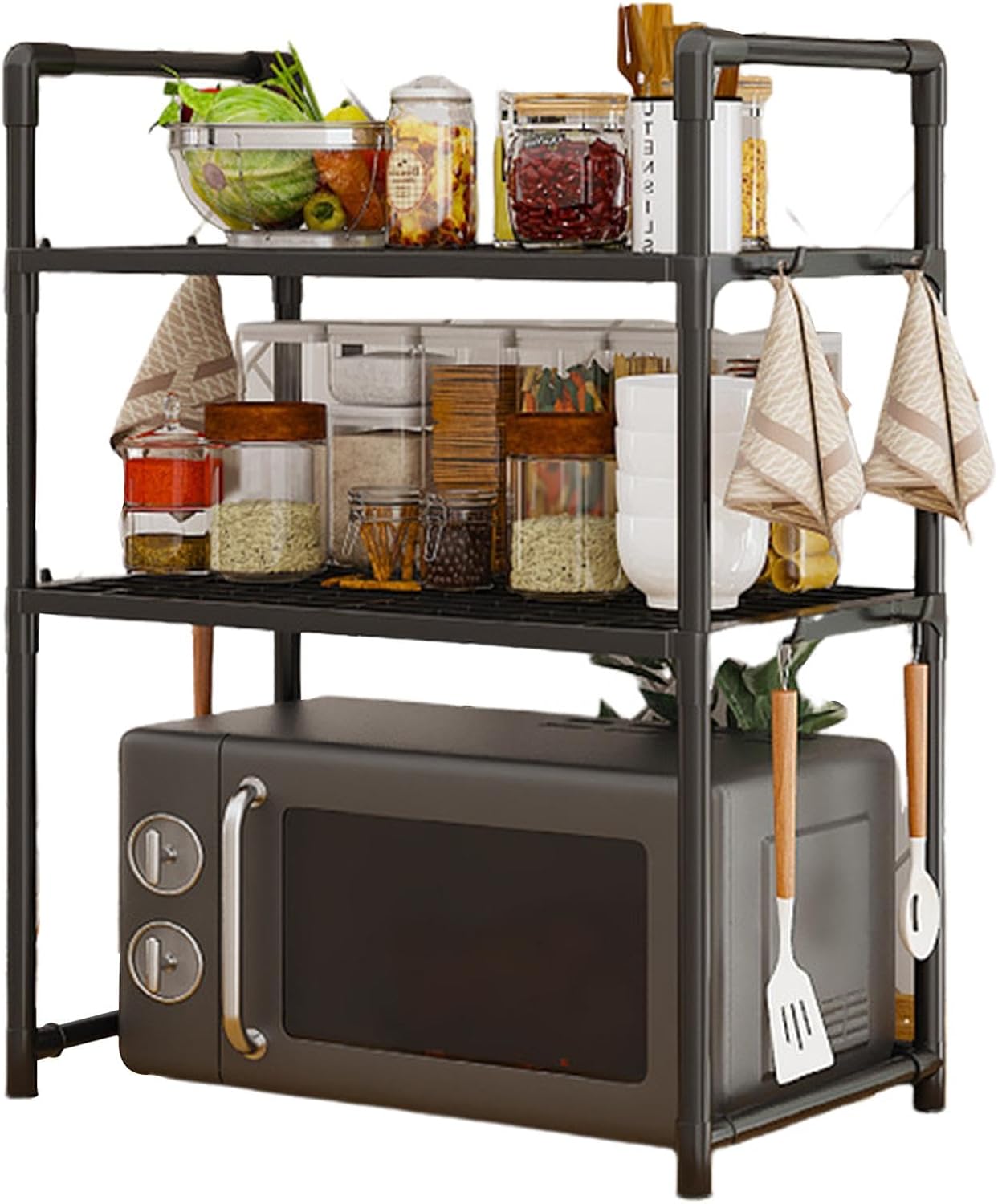 Adjustable Microwave Shelf with Hooks - Space-Saving Kitchen Organizer