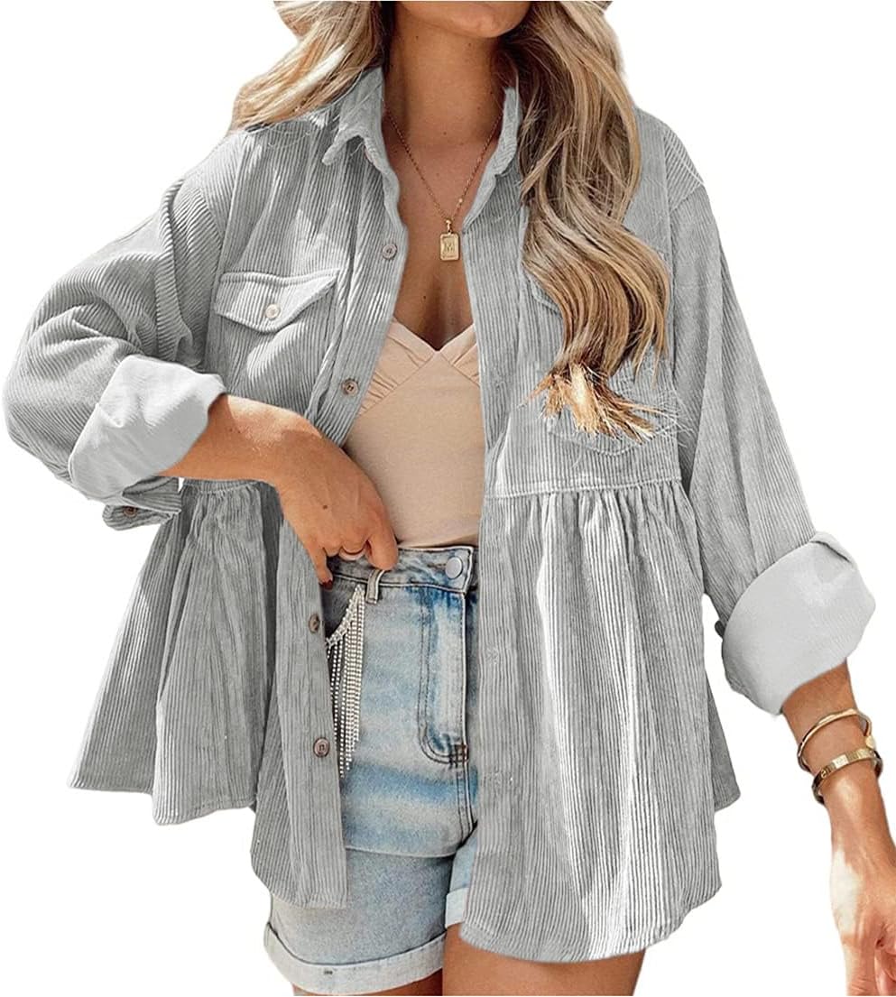Womens Corduroy Peplum Shirts Tops Cute Long Sleeve Blouses