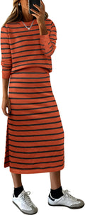 2 Piece Skirt Set Striped Sweater Midi Dress - Cozy Fall Style