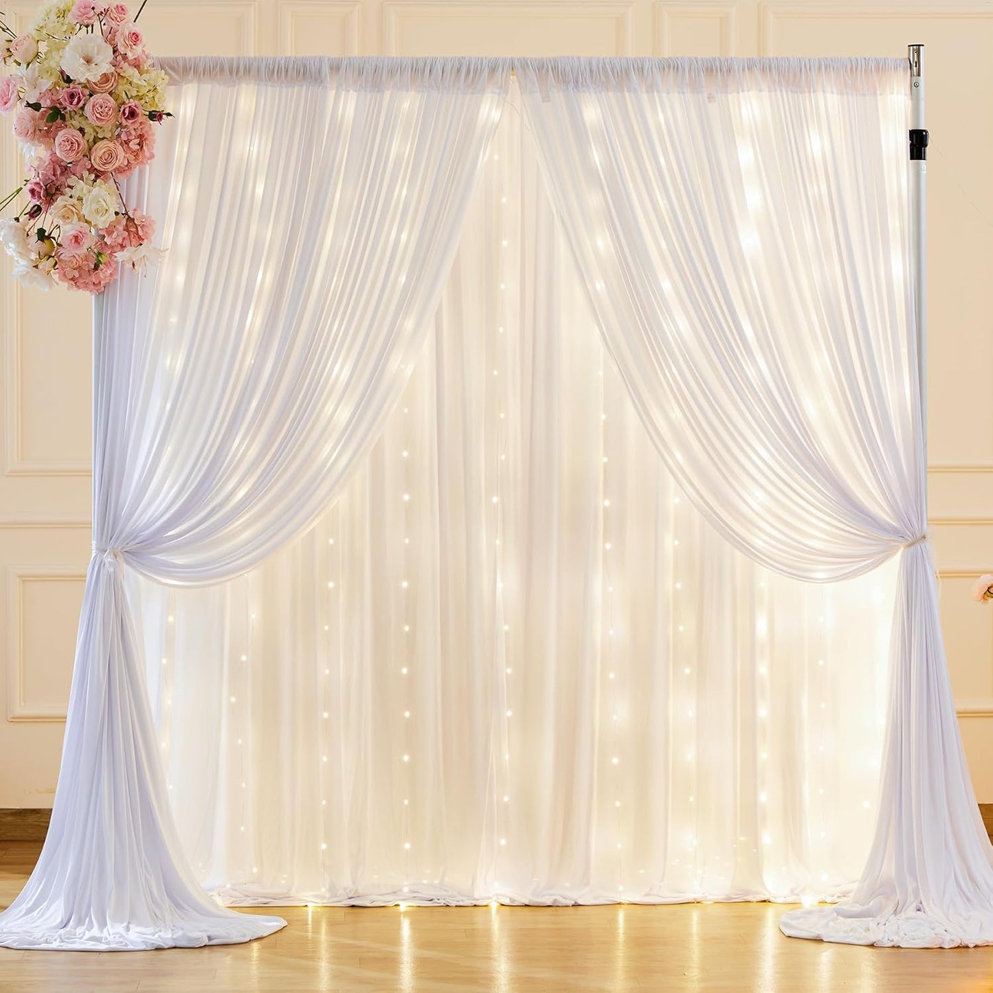 PARTISKY 10x10FT White Backdrop Curtains with Lights - Perfect Party Decor